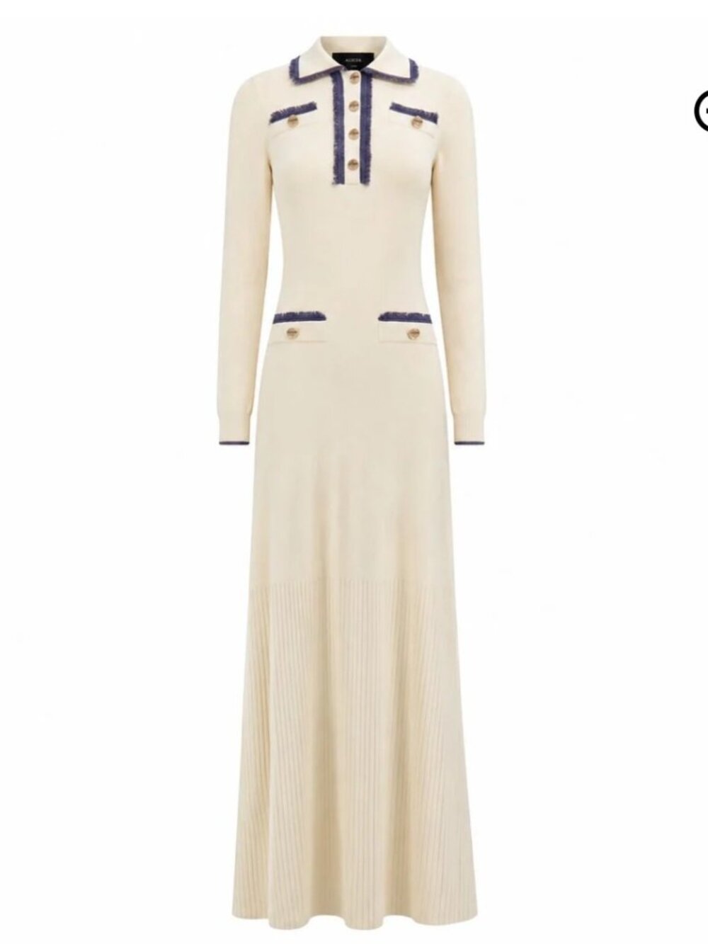 Cream Long-Sleeve Polo Maxi Dress with Navy Trim